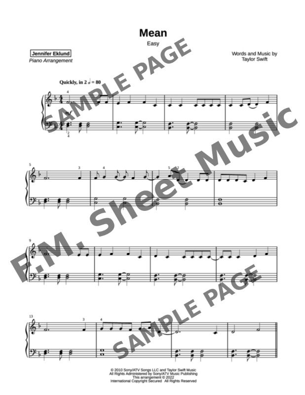 Mean Easy Piano By Taylor Swift Fm Sheet Music Pop Arrangements By Jennifer Eklund 5265